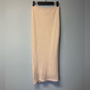 Cream Textured Mesh Maxi Skirt with Slit and Slip